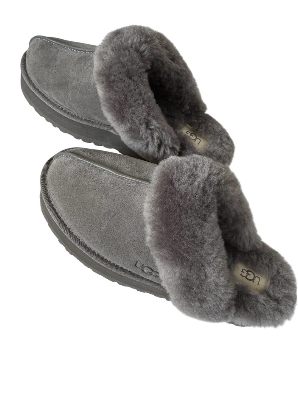 UGG Womens 9 Disquette Slipper Charcoal Gray Shoes Slip-on Suede Fur NEW #NE223